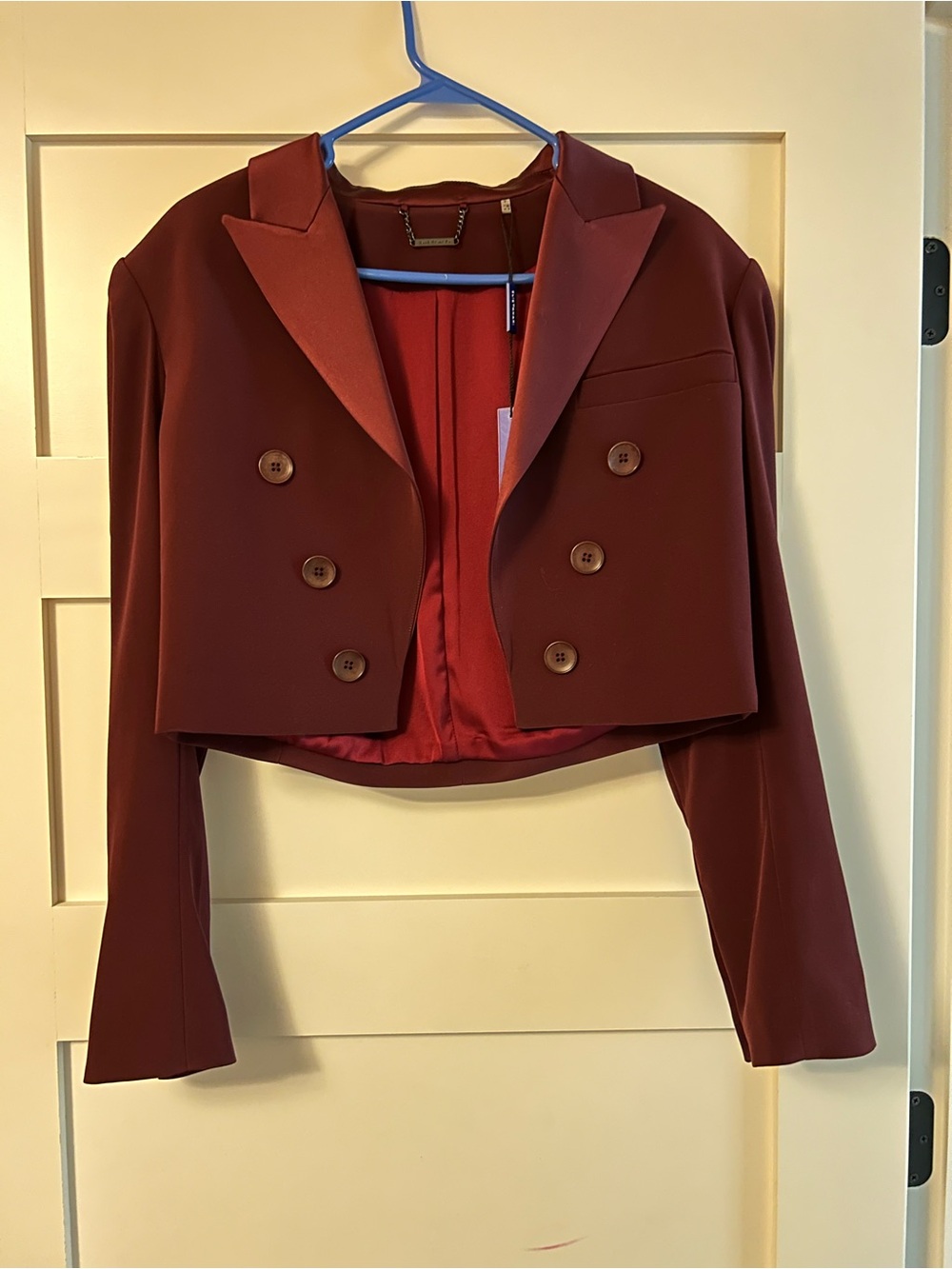 Elie Tahari Cropped Double-Breasted Blazer in Deep Burgundy